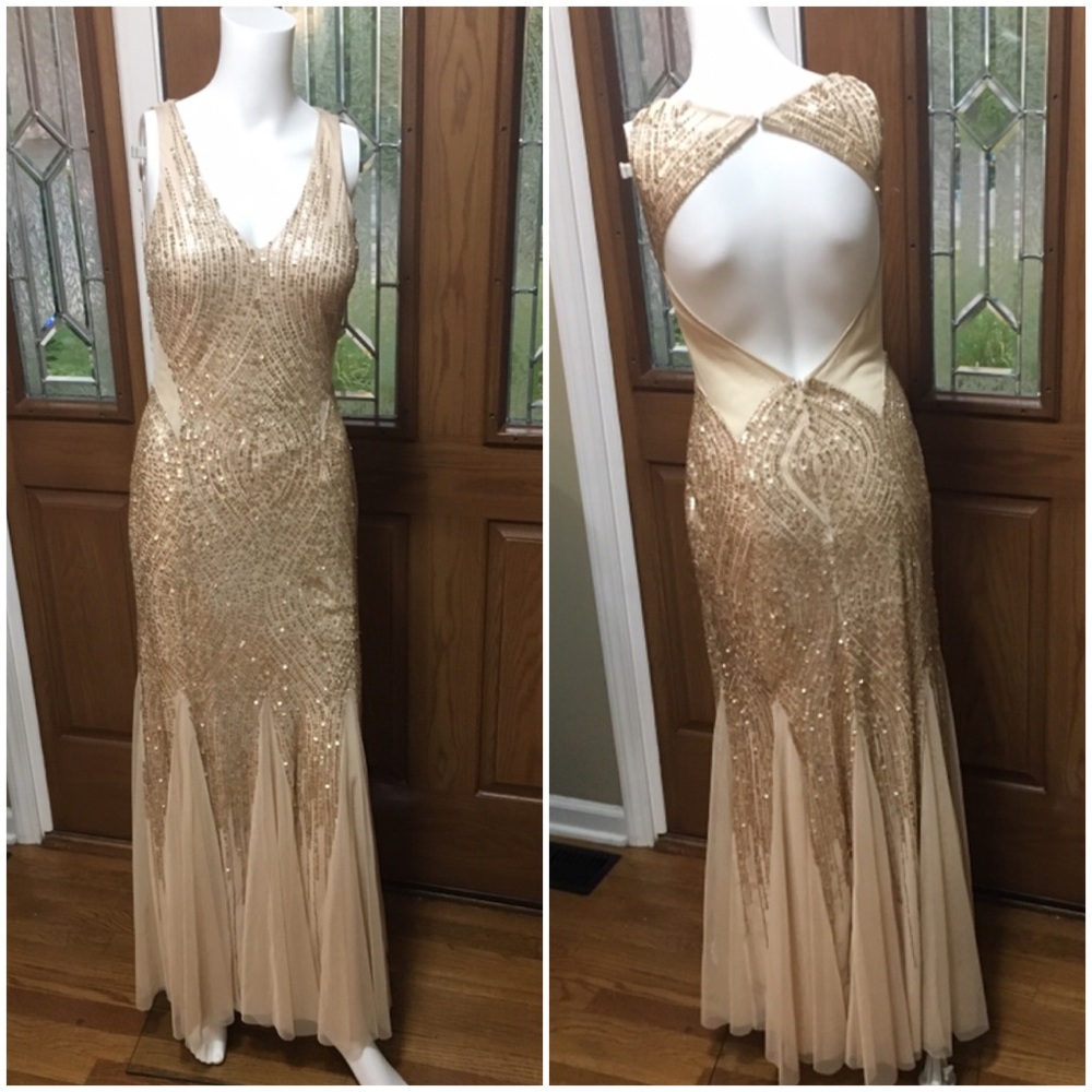 NWT Champagne Gold Sequined and Sheer Gown